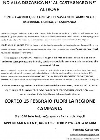 DISCARICA AL CASTAGNARO/ Domani corteo di protesta in Regione. Venerdì mobilitazione generale