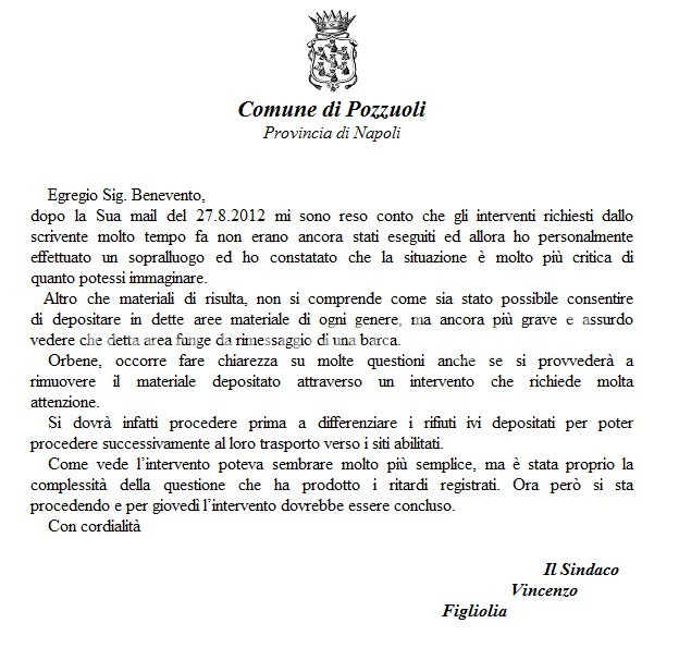 Ringrazio il Sindaco Figliolia per aver mantenuto fede alla promessa fattami