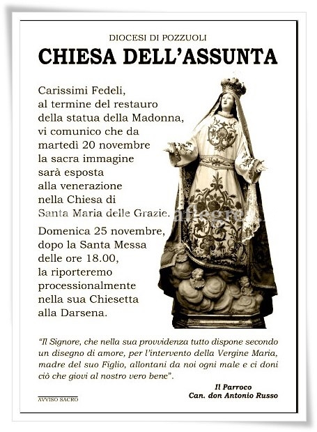 POZZUOLI/ La statua della Madonna Assunta ritorna nella chiesetta della Darsena