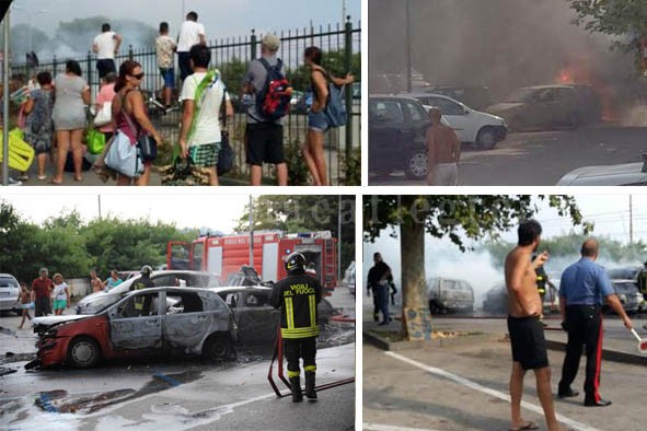 POZZUOLI/ Inferno a Lucrino, bruciano 5 auto: paura e panico tra i bagnanti – LE FOTO