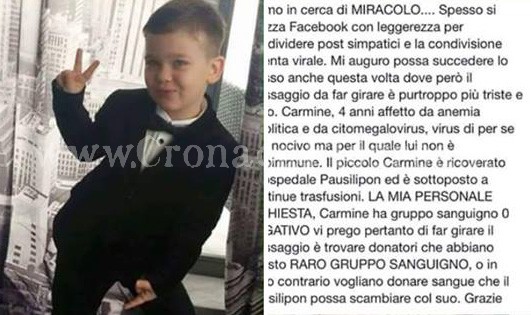 POZZUOLI/ Bimbo di 4 anni ha bisogno di sangue, l’appello della famiglia: «Aiutateci!»