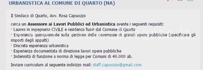 Cercasi nuovo assessore: il sindaco di Quarto mette l’annuncio sul web