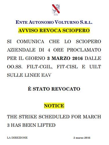 CAMPI FLEGREI/ Revocato lo sciopero EAV, i treni saranno regolari