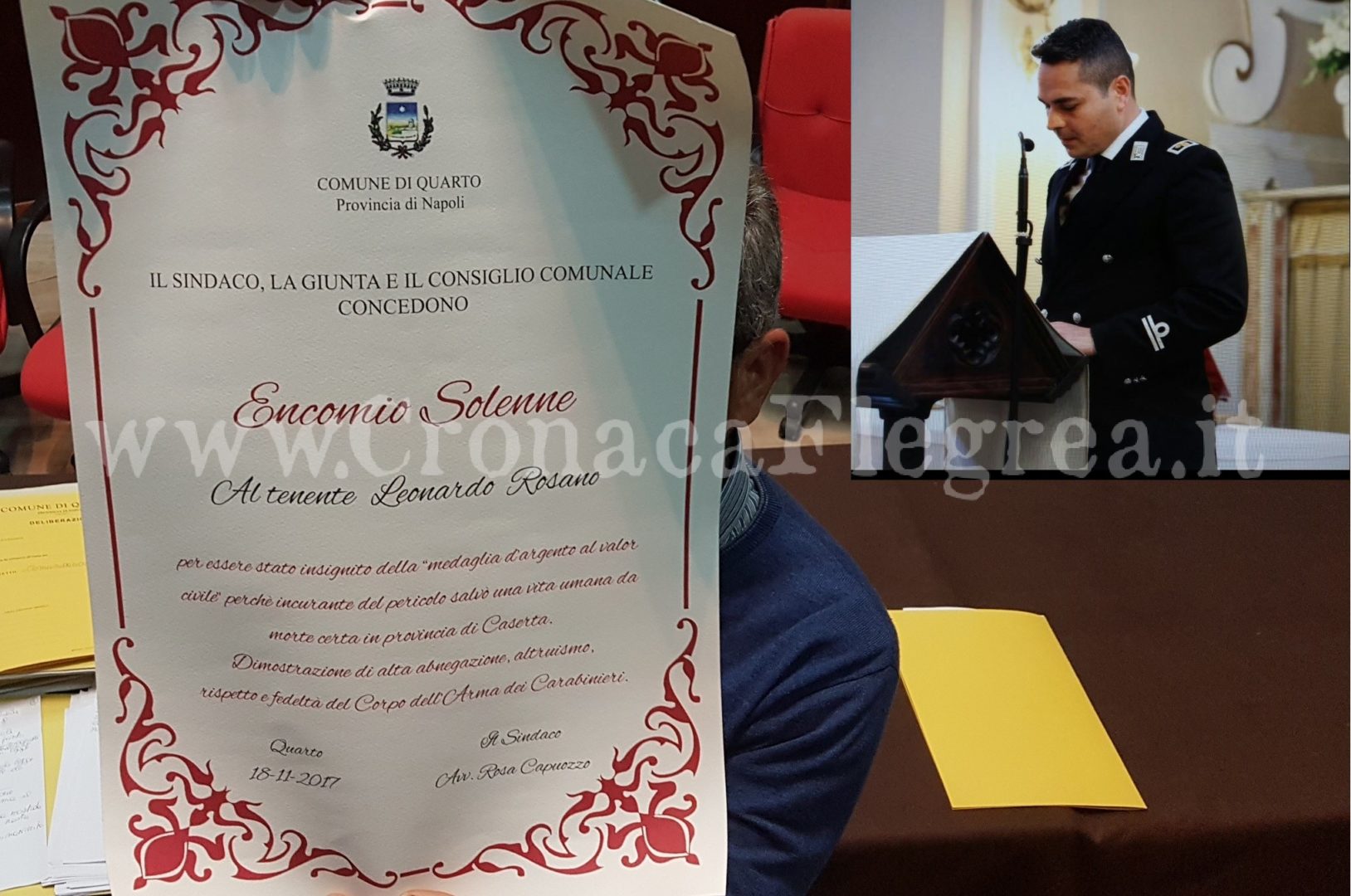 QUARTO/ Salvò la vita ad un giovane: encomio solenne al comandante dei carabinieri