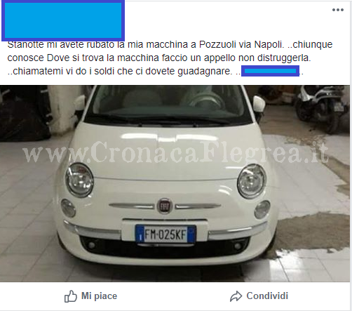 POZZUOLI/ Le rubano l’auto e lancia un appello ai ladri: «Vi pago». E commette reato