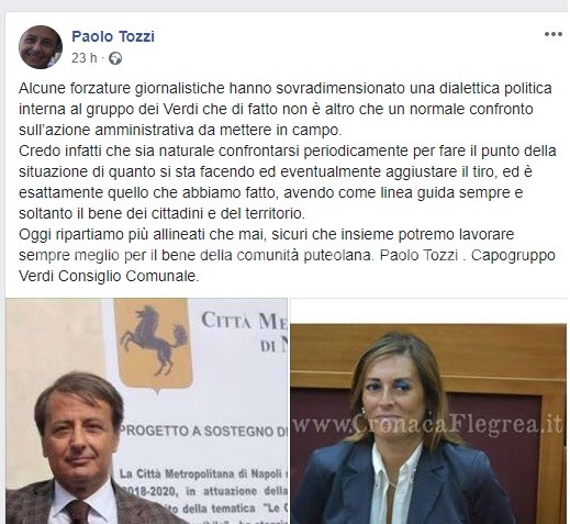 POZZUOLI/ Tra post cancellati e “dimenticati”, Tozzi fa pace con il vicesindaco