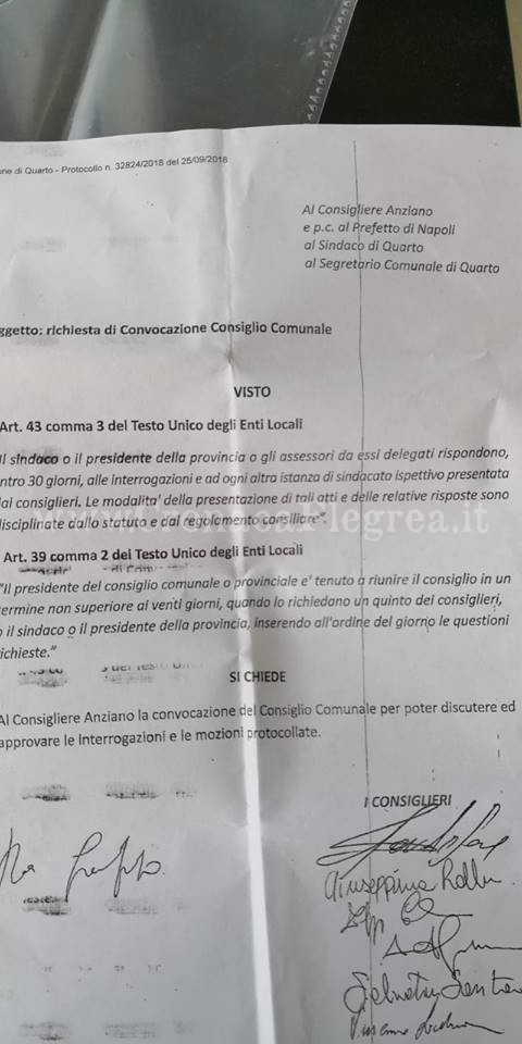 QUARTO/ Senza consiglio comunale da 2 mesi: l’opposizione avvia la raccolta firme