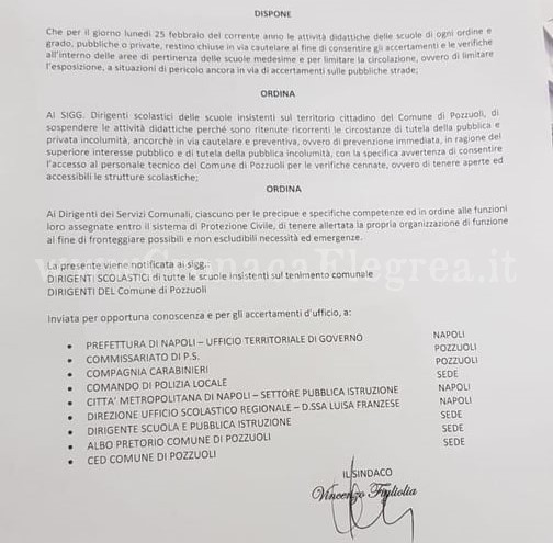 Maltempo, lunedì scuole chiuse a Pozzuoli: in anteprima l’ordinanza firmata dal sindaco