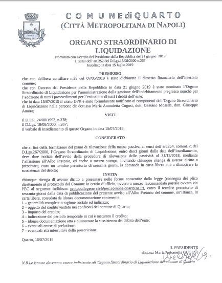 Comune di Quarto: l’Organo Straordinario di Liquidazione cerca i creditori – LA COMUNICAZIONE