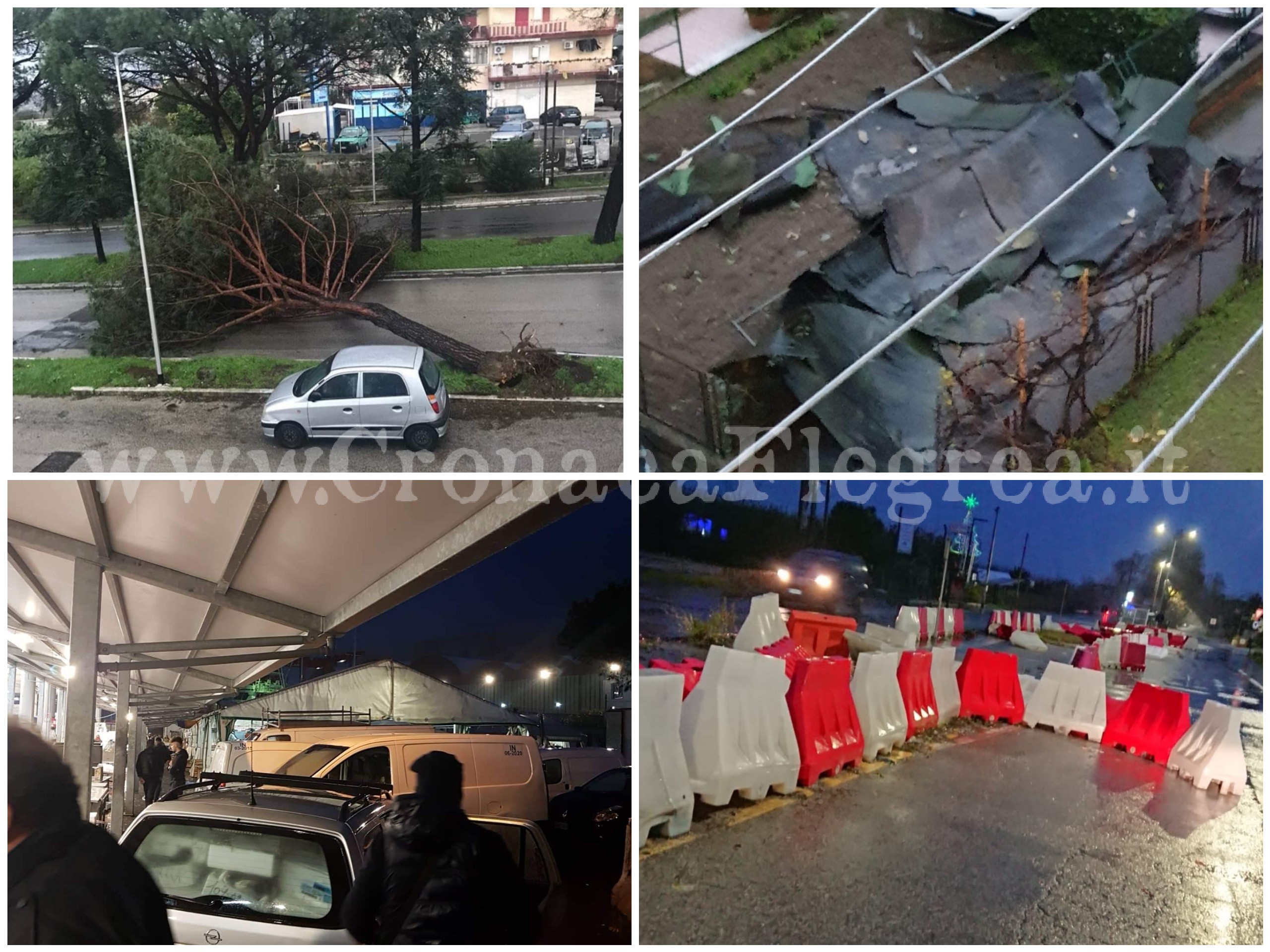 Pozzuoli flagellata dal vento: paura al mercato, alberi caduti e palazzo scoperchiato a Monterusciello – LE FOTO