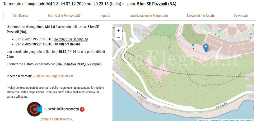 Trema la terra a Pozzuoli: scossa di 1.8 avvertita anche a Monterusciello