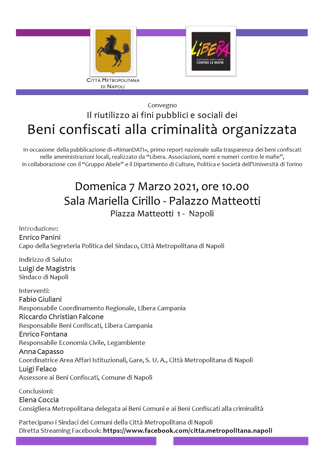 Domenica la Giornata Nazionale dei Beni confiscati alla camorra, convegno in Città Metropolitana con “Libera” e i sindaci