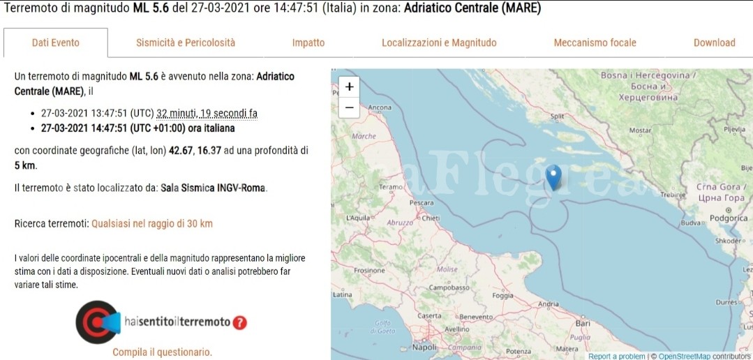 Terremoto nell’Adriatico avvertito anche a Pozzuoli e nei Campi Flegrei