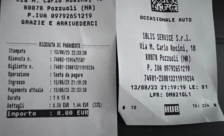 «La mia serata a Pozzuoli: 8 euro per un’ora e 13 minuti di parcheggio, più del panino costato appena 6 euro»