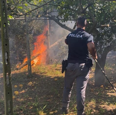 POZZUOLI/ Fiamme alte e pericoli per i residenti: poliziotti spengono incendio con mezzi di fortuna