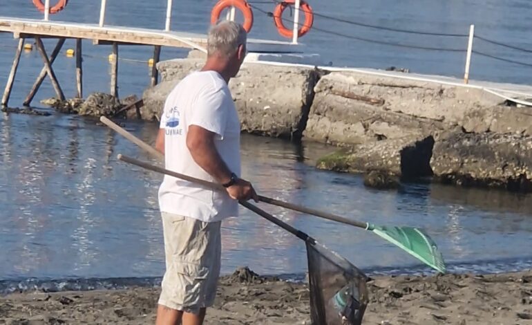 Il comune di Pozzuoli non pulisce: sulla spiaggia libera di Lucrino ci pensano i volontari – LE FOTO