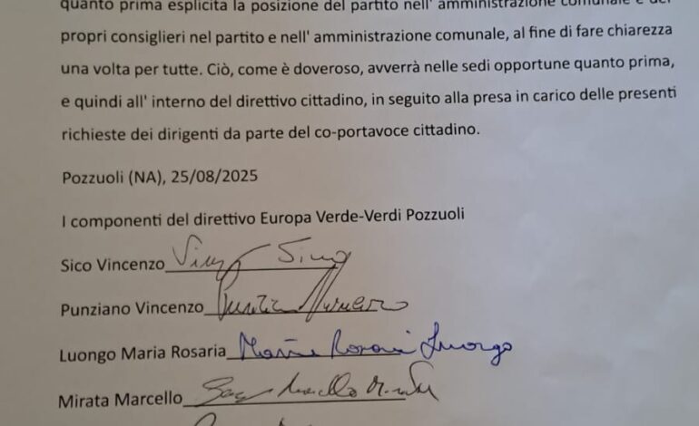 POZZUOLI/ Documento spacca Europa Verde: il direttivo scarica Andreozzi, Migliucci & C.