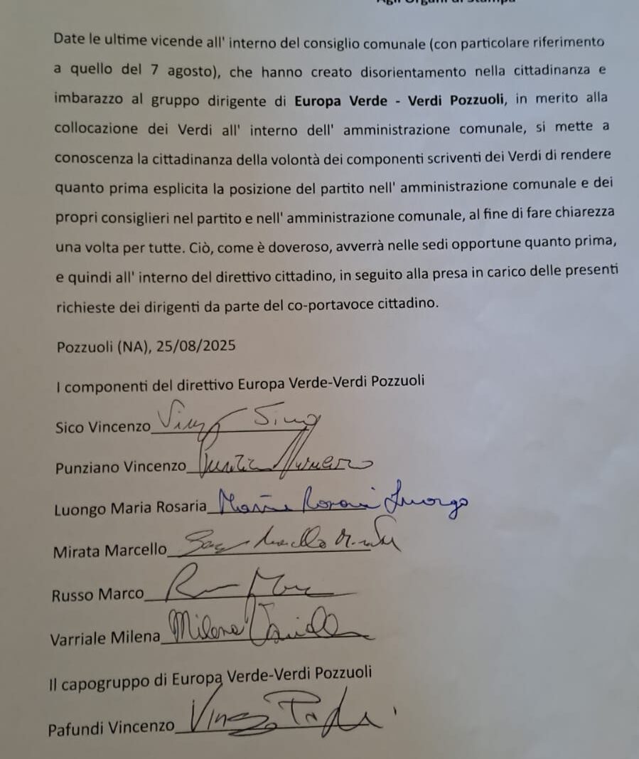 POZZUOLI/ Documento spacca Europa Verde: il direttivo scarica Andreozzi, Migliucci & C.