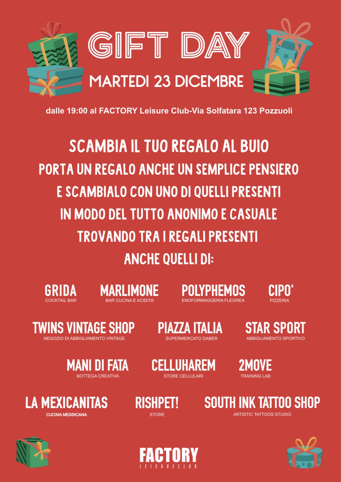 “Gift day” a Pozzuoli regali al buio: l’iniziativa al Factory