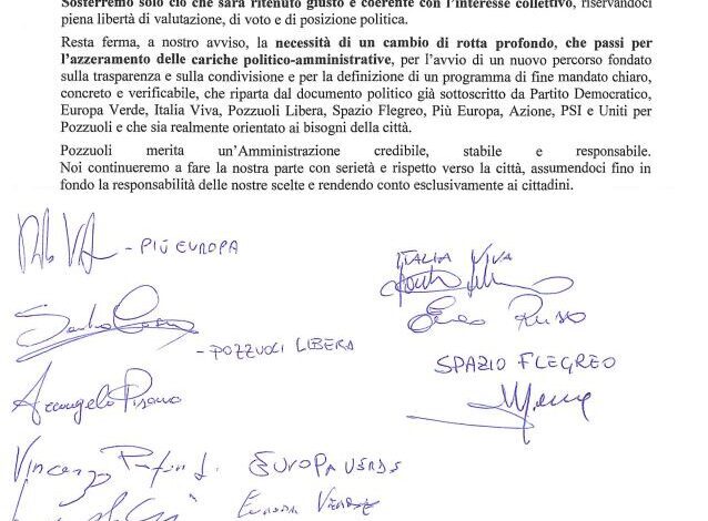 POZZUOLI/ Crisi in maggioranza: i ribelli passano da sei a otto ma annunciano “appoggio esterno” a Manzoni. Verdi nuovamente spaccati – IL DOCUMENTO