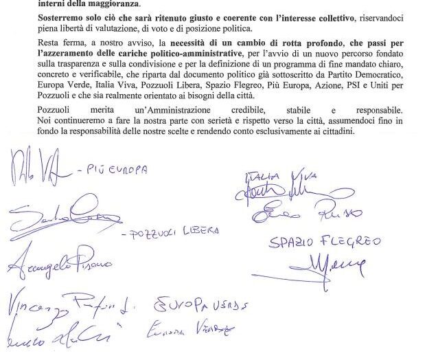 POZZUOLI/ Crisi in maggioranza: i ribelli passano da sei a otto ma annunciano “appoggio esterno” a Manzoni. Verdi nuovamente spaccati – IL DOCUMENTO