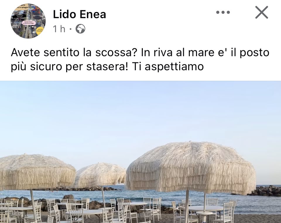 Il post assurdo di un lido di Bacoli dopo la forte scossa «Ti aspettiamo»